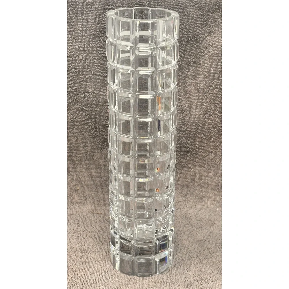 Heavy Cut Crystal Vase Tall Block Pattern Modern Geometric Art Glass Decor